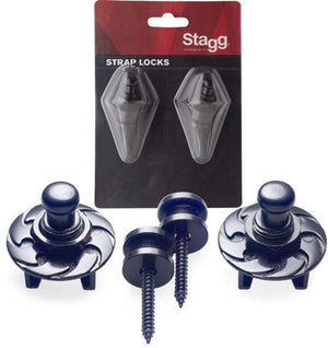 Stagg Strap Locks in packaging, featuring a close-up of the secure black metal strap locks, essential for guitar safety.