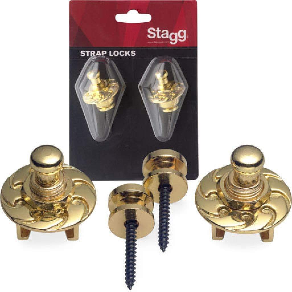 Stagg Strap Locks, a set of gold metal locks for securing guitar straps.
