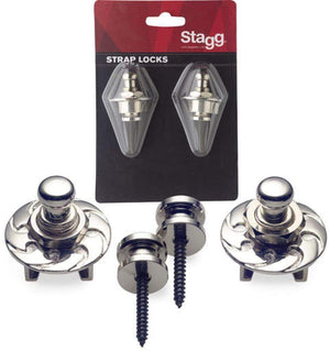 Stagg Strap Locks, a set of metal fasteners in packaging, essential for securing guitar straps, displayed against a hardware backdrop.