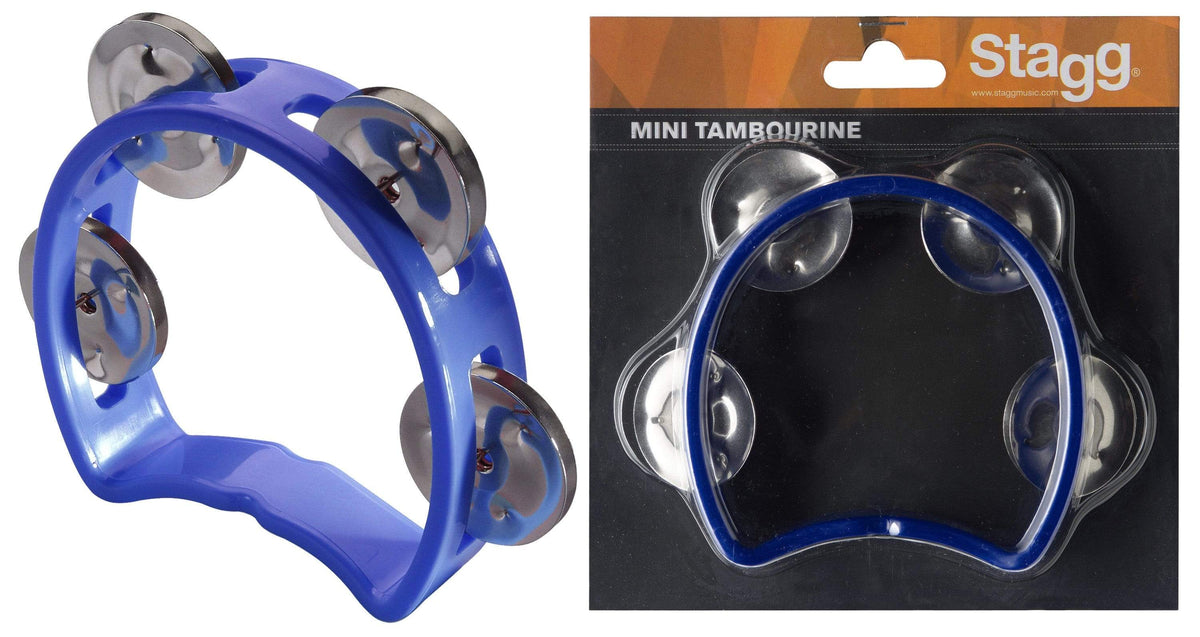 The Stagg Cutaway Tambourine - Blue, featuring four metal jingles, an open grip handle, and a curved design for enhanced sound clarity, is shown alone on the left and in its branded Stagg packaging on the right.