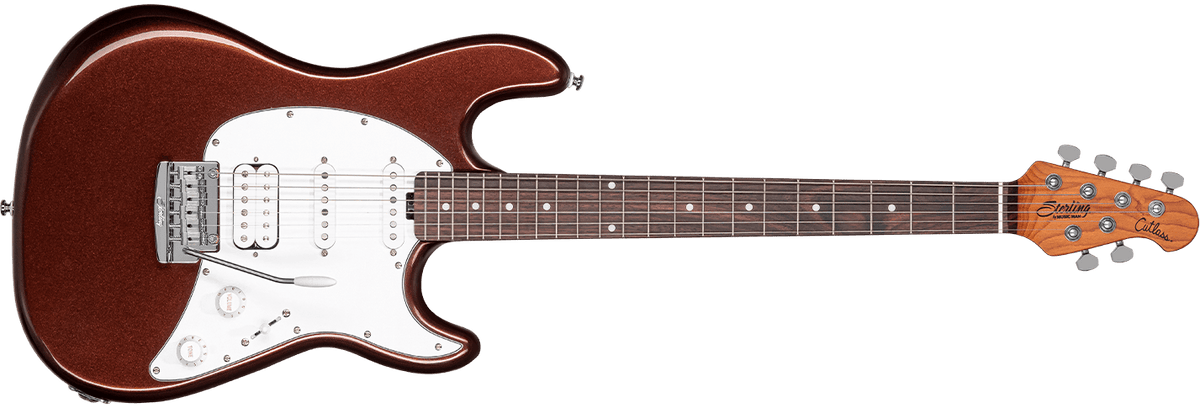 Close-up of Sterling by Music Man Cutlass HSS guitar in Dropped Copper, featuring a roasted maple neck and vintage-style tremolo.