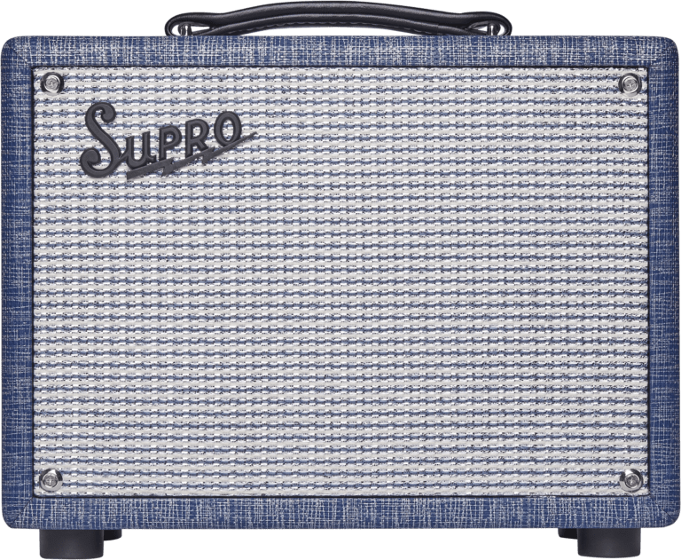 Supro '64 Reverb 1x8 5-watt Tube Combo Amp with visible control knobs and Jensen speaker, highlighting the brand logo on the amplifier’s front panel.