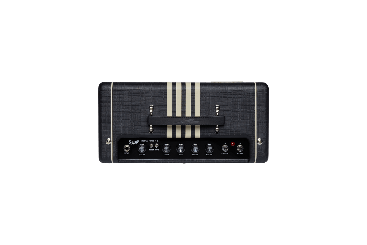 Supro Delta King 10 1x10-inch 5-watt Tube Combo Amp with buttons, knobs, and speaker in black and cream.
