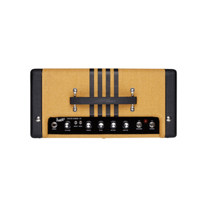 Supro Delta King 10 1x10-inch 5-watt Tube Combo Amp with a close-up of its control panel and speaker grill.