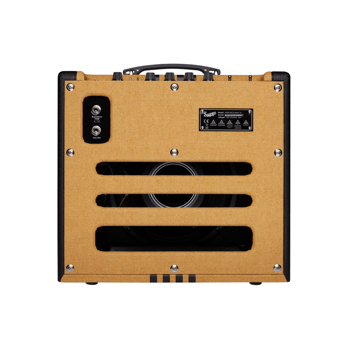 Supro Delta King 10 1x10-inch 5-watt Tube Combo Amp Tweed and Black, showcasing front panel with control knobs and speaker.