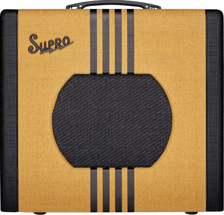 Supro Delta King 10 1x10-inch 5-watt Tube Combo Amp Tweed and Black in a close-up view, showcasing its compact rectangular form and detailed controls.