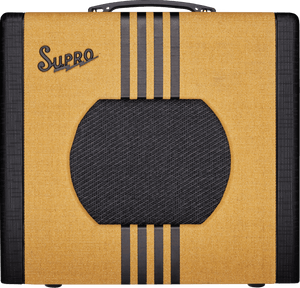 Supro Delta King 10 1x10-inch 5-watt Tube Combo Amp Tweed and Black in a close-up view, showcasing its compact rectangular form and detailed controls.