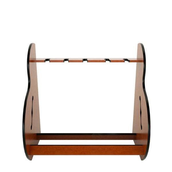 The Session™ Standard Multiple Guitar Stand: a wooden rack with black trim, designed to hold 5 or 7 guitars, handcrafted and American-made.