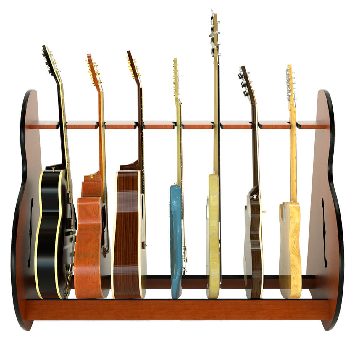 The Session™ Standard Multiple Guitar Stands holding various guitars on a rack, showcasing its capacity and craftsmanship.