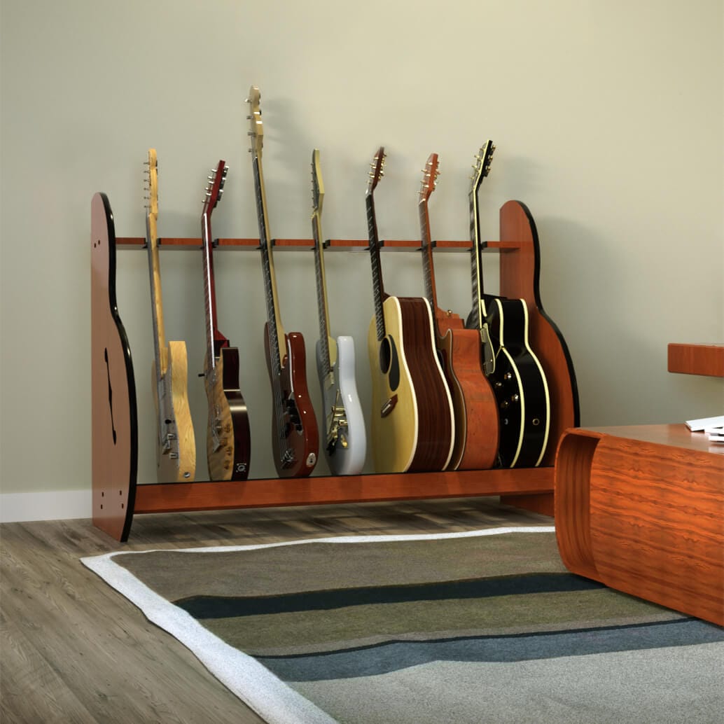 The Session™ Standard Multiple Guitar Stand holding various guitars, showcasing its capacity and organization for up to 7 instruments.