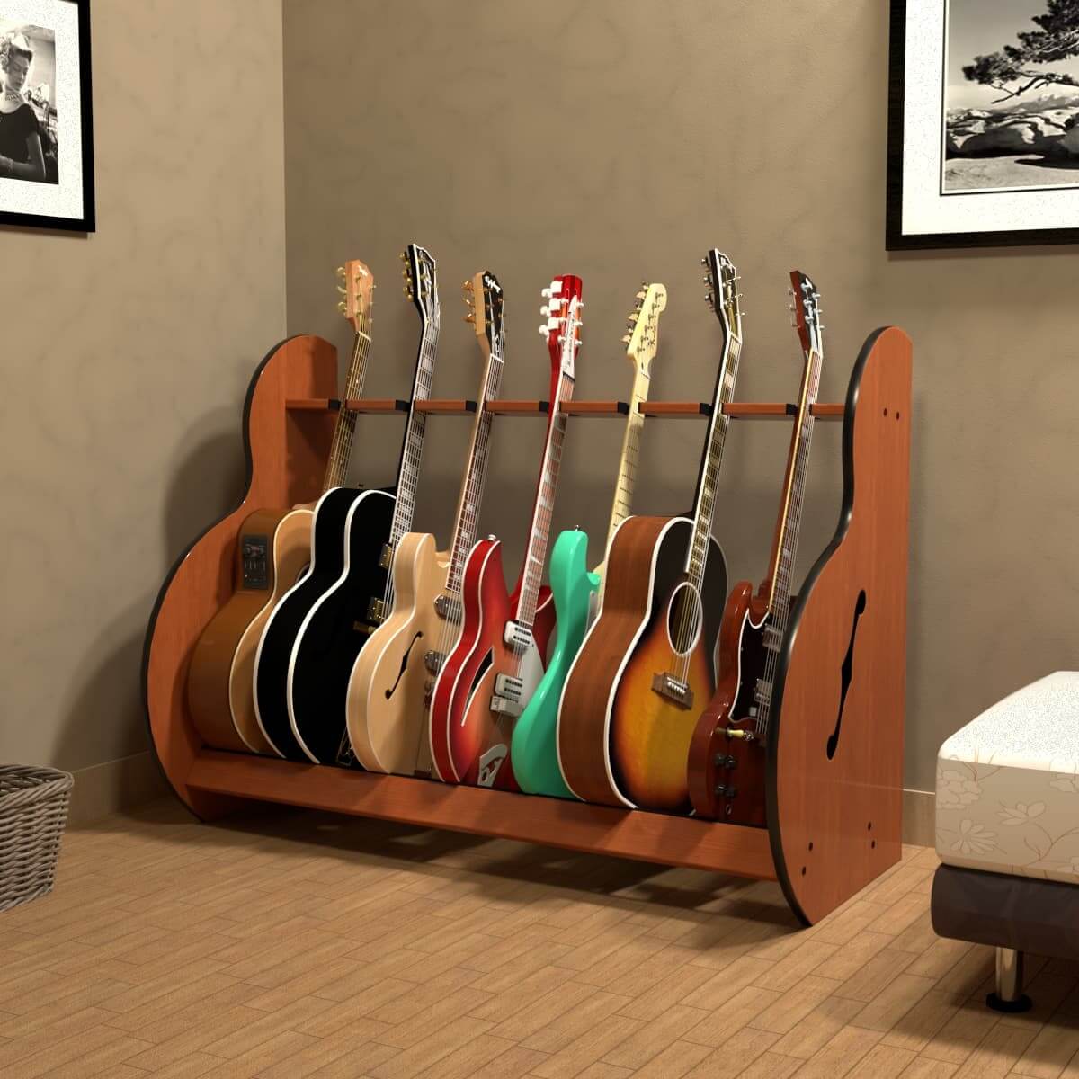 Session™ Standard Multiple Guitar Stands displaying several guitars in a room, showcasing its capacity to hold multiple instruments efficiently.