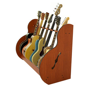 Session™ Standard Multiple Guitar Stands showcasing several guitars neatly organized in a rack, highlighting its capacity to hold multiple instruments securely.