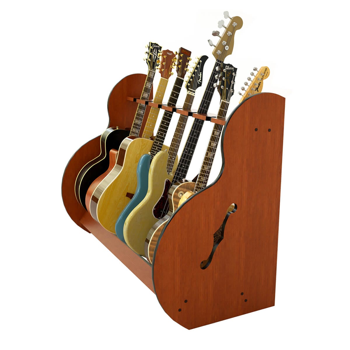 The Session™ Standard Multiple Guitar Stand holding various guitars in a rack, showcasing its capacity and organization for different guitar types.