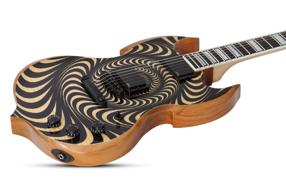Wylde Audio Barbarian Psychic Bullseye Electric Guitar close-up, showcasing detailed craftsmanship including Ebony fretboard, Grover tuners, and EMG pickups.