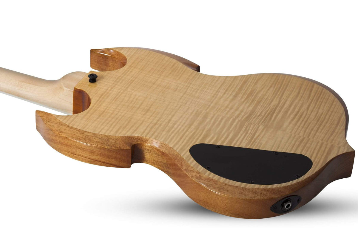 Wylde Audio Barbarian Psychic Bullseye Electric Guitar with a wooden body, close-up on ebony fretboard, and satin black hardware.