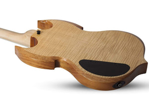 Wylde Audio Barbarian Psychic Bullseye Electric Guitar with a wooden body, close-up on ebony fretboard, and satin black hardware.