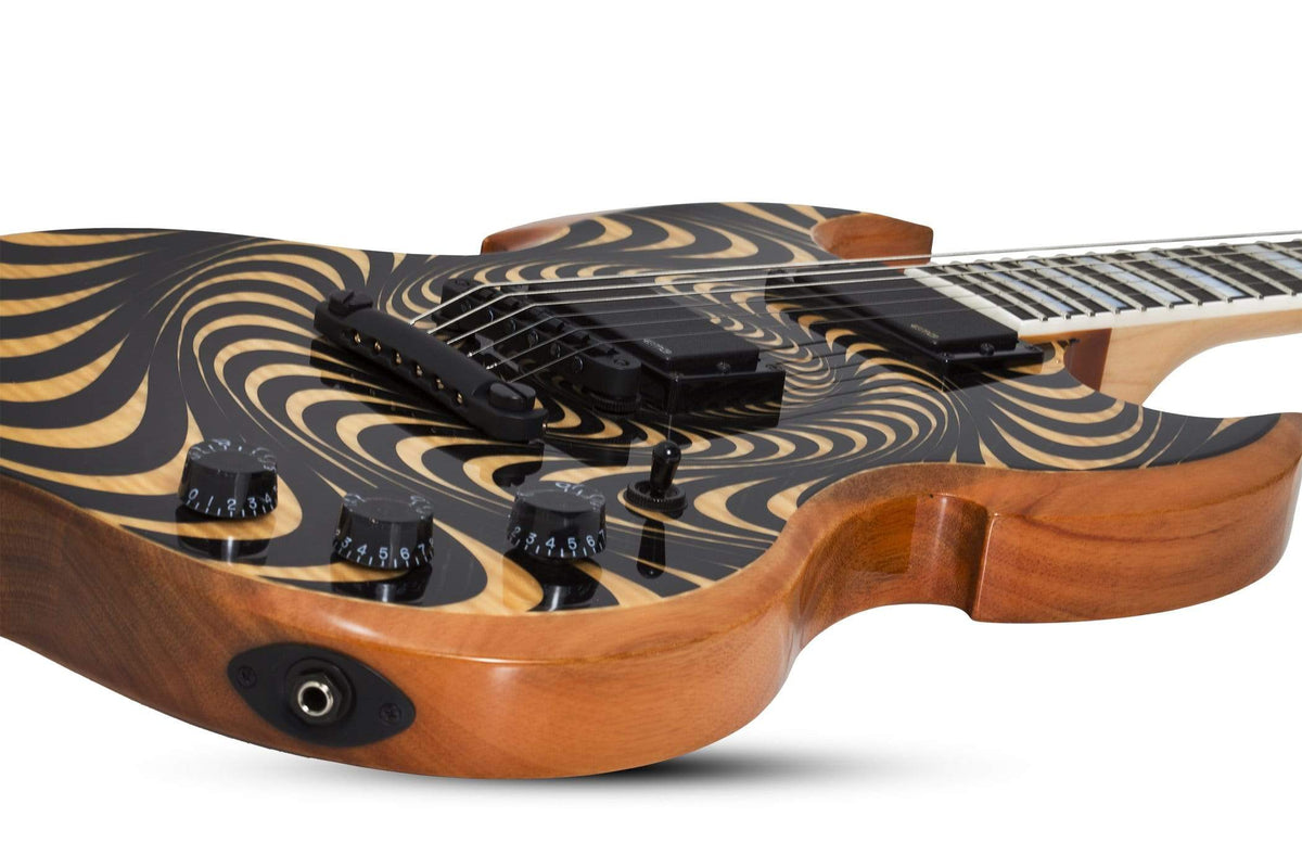 Close-up of the Wylde Audio Barbarian Electric Guitar showcasing its detailed dials, tuning pegs, and strings.