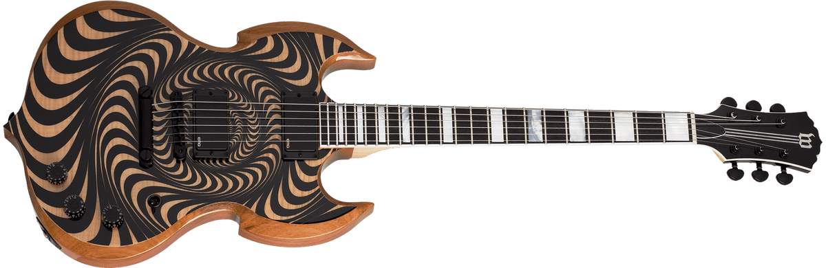 Close-up of a Wylde Audio Barbarian Psychic Bullsye Electric Guitar showcasing its detailed strings and hardware.
