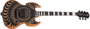 Close-up of a Wylde Audio Barbarian Psychic Bullsye Electric Guitar showcasing its detailed strings and hardware.