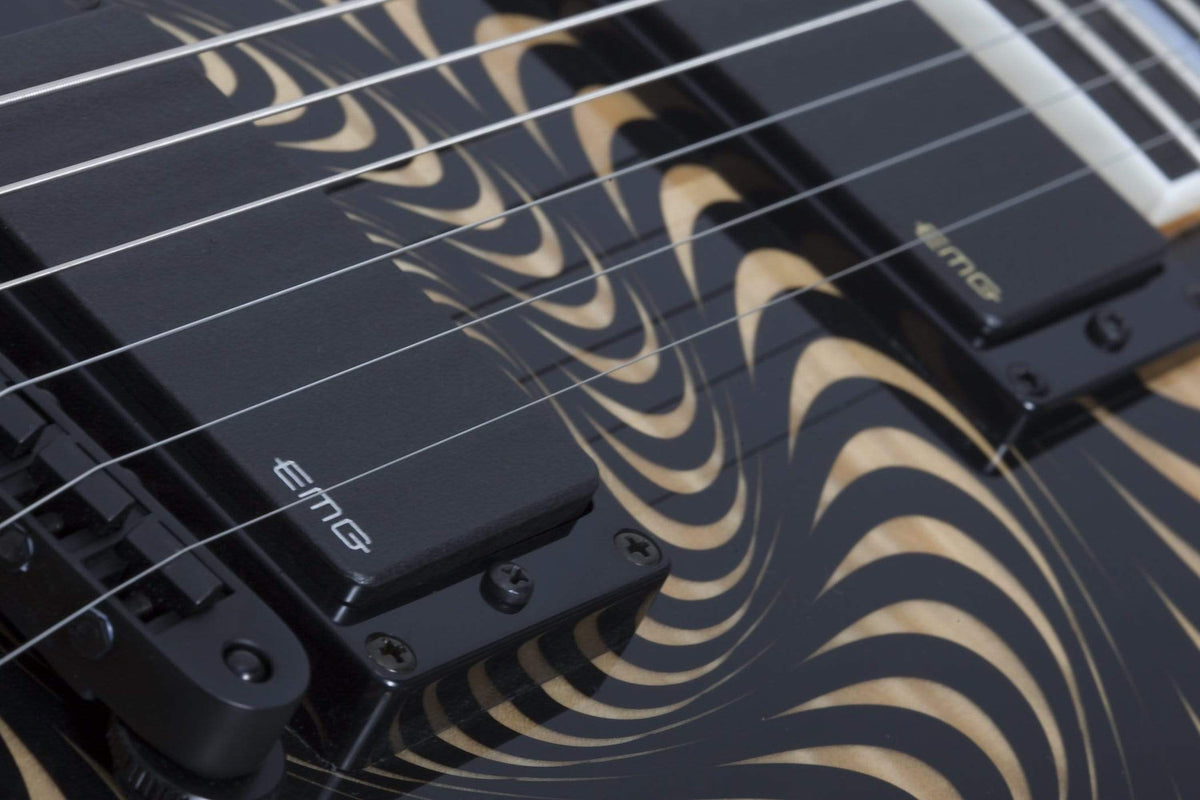 Close-up of the Wylde Audio Barbarian Psychic Bullsye Electric Guitar, showcasing its detailed strings, fretboard, and body craftsmanship.