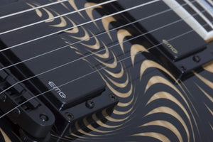Close-up of the Wylde Audio Barbarian Psychic Bullsye Electric Guitar, showcasing its detailed strings, fretboard, and body craftsmanship.