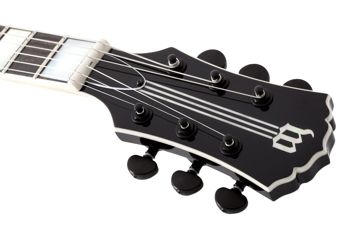 Close-up of the Wylde Audio Barbarian Psychic Bullseye Electric Guitar showcasing detailed fretwork and string alignment.