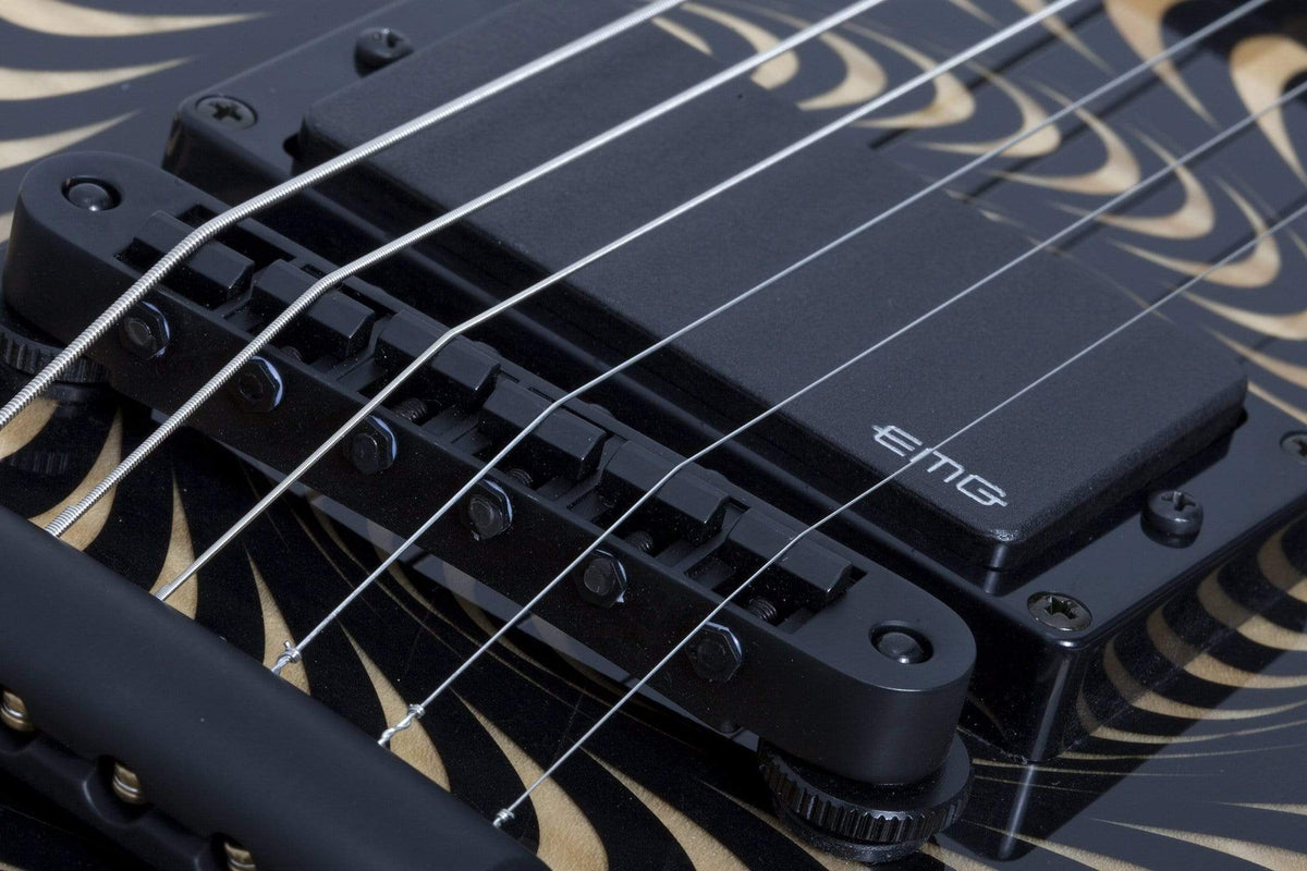 Close-up of Wylde Audio Barbarian Psychic Bullsye Electric Guitar showcasing strings, frets, and a black knob.