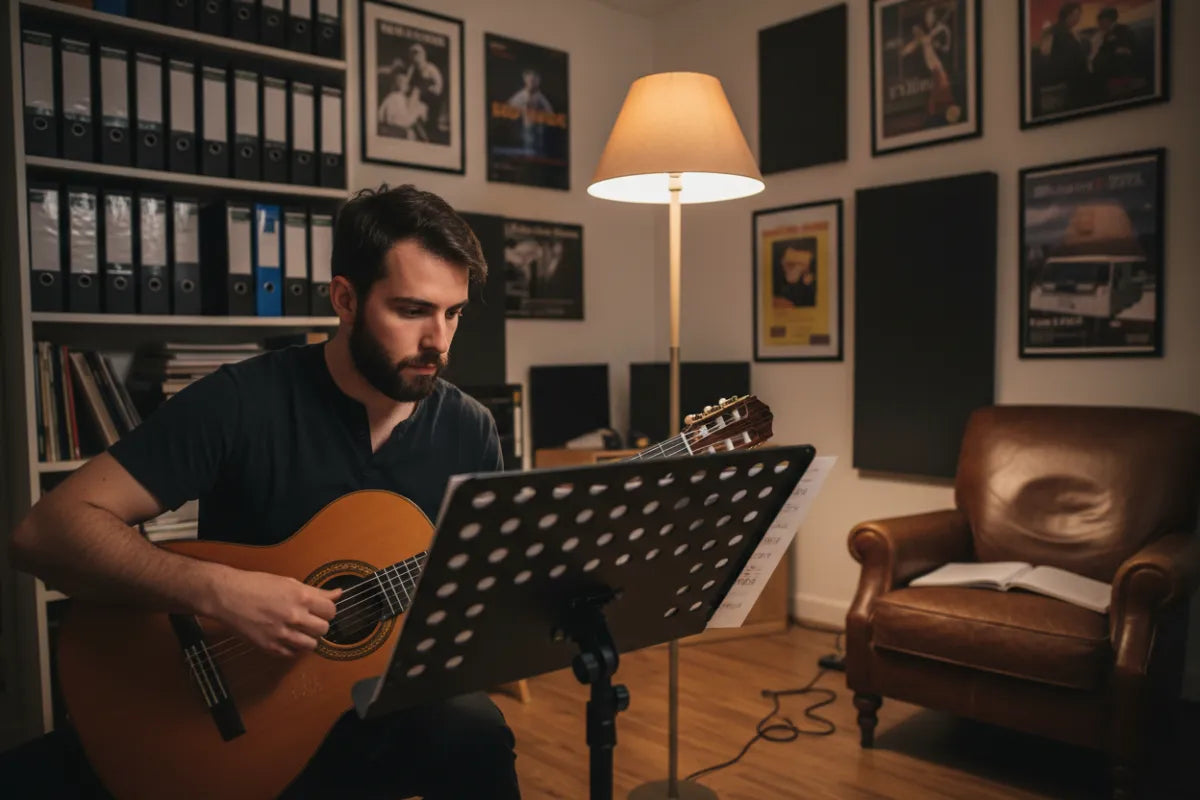 Guitarist practicing using sheet music.