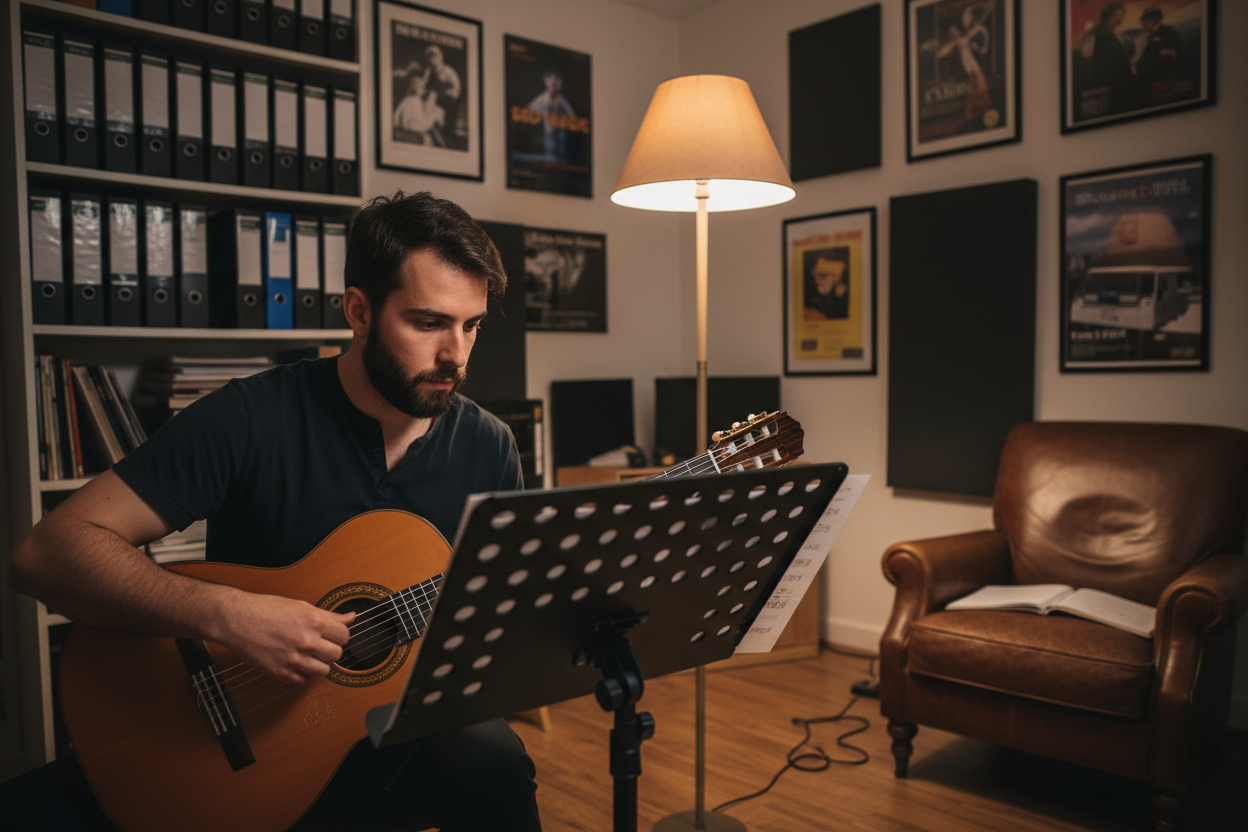 Guitarist practicing using sheet music.