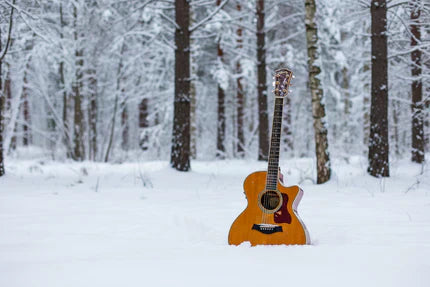 Guitar setting upright in the snow