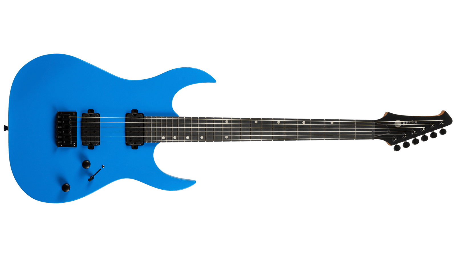 Seven-string electric guitar in matte blue with dual humbucker pickups, fixed bridge, two knobs, three-way switch, and SPIRA logo on headstock.