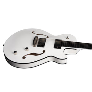 A limited edition Godin Rik Emmett Premiere Electric Guitar by Godin, featuring a white semi-hollow body with two f-holes, two control knobs, a bridge, and black trim, photographed against a white background.