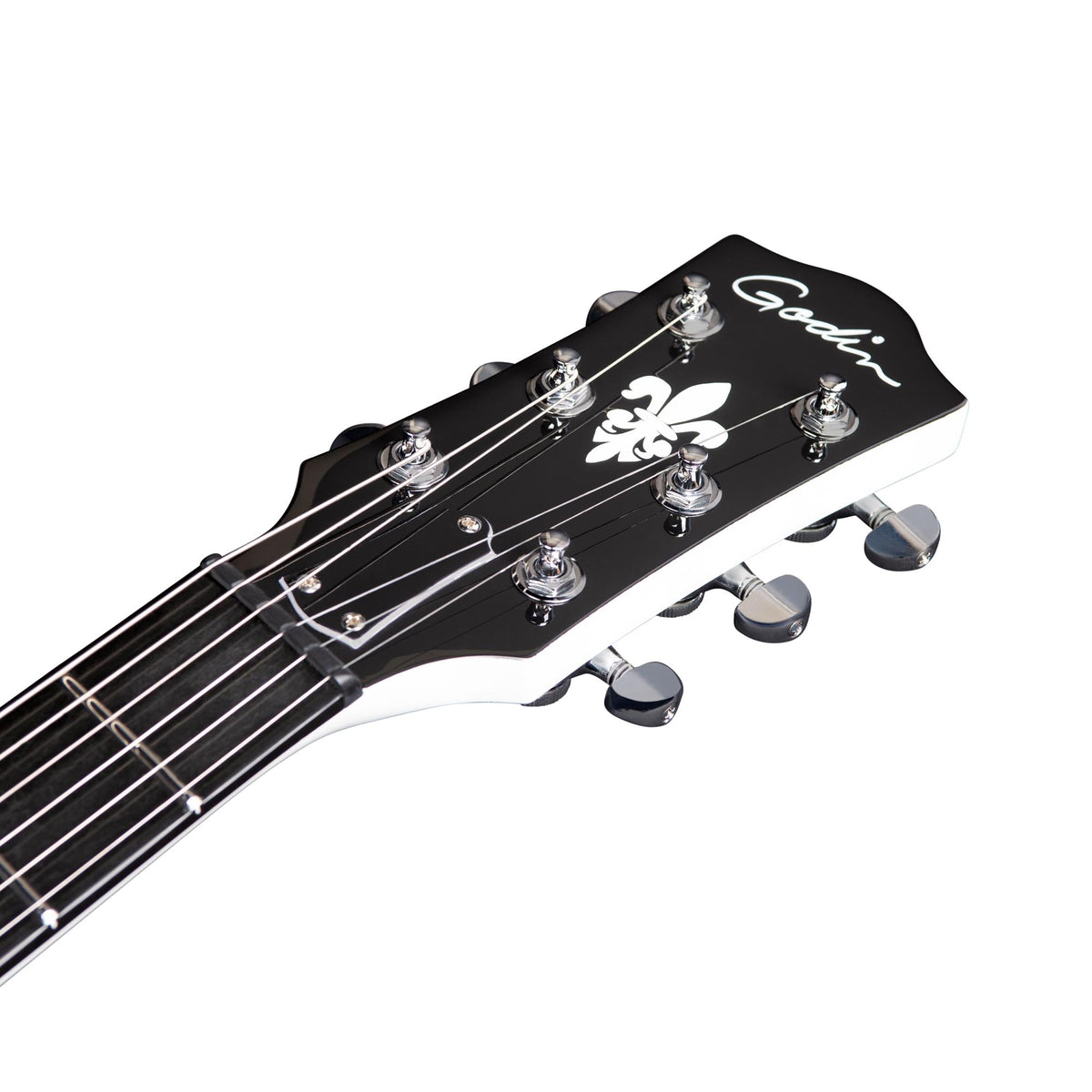 Close-up of the headstock of the Godin Rik Emmett Premiere Electric Guitar in black, showcasing silver tuning pegs, a fleur-de-lis design, and the "Godin" logo.
