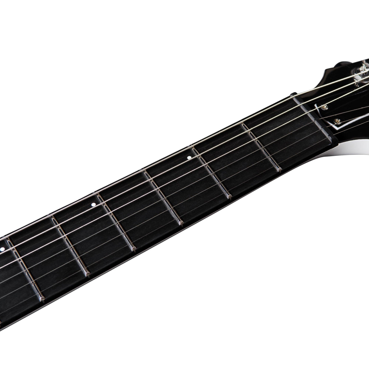 Close-up of the Godin Rik Emmett Premiere Electric Guitar neck and fretboard in black by Godin, highlighting the metal frets and strings against a white background—showcasing the refined craftsmanship of this limited edition model.