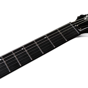 Close-up of the Godin Rik Emmett Premiere Electric Guitar neck and fretboard in black by Godin, highlighting the metal frets and strings against a white background—showcasing the refined craftsmanship of this limited edition model.