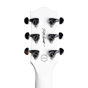The back of a white Godin Rik Emmett Premiere Electric Guitar headstock, displaying six tuning pegs, Rik Emmett’s signature, and a stamp showing it was made in Canada.
