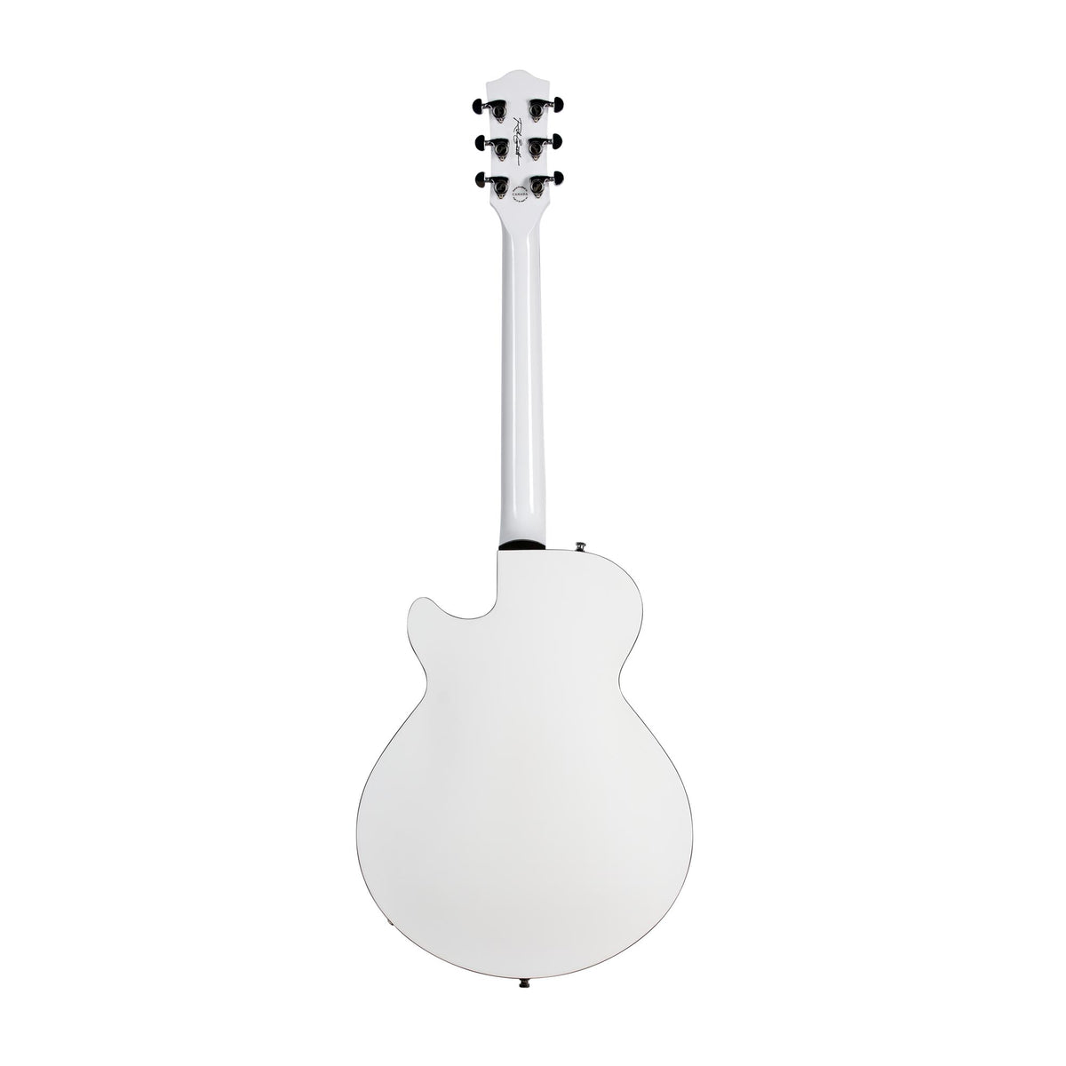 Back view of the Godin Rik Emmett Premiere Electric Guitar in a limited edition white finish, featuring a single cutaway design, six tuning pegs, and black strap buttons, shown isolated on a white background. This signature model by Godin exemplifies unique craftsmanship and distinctive style.