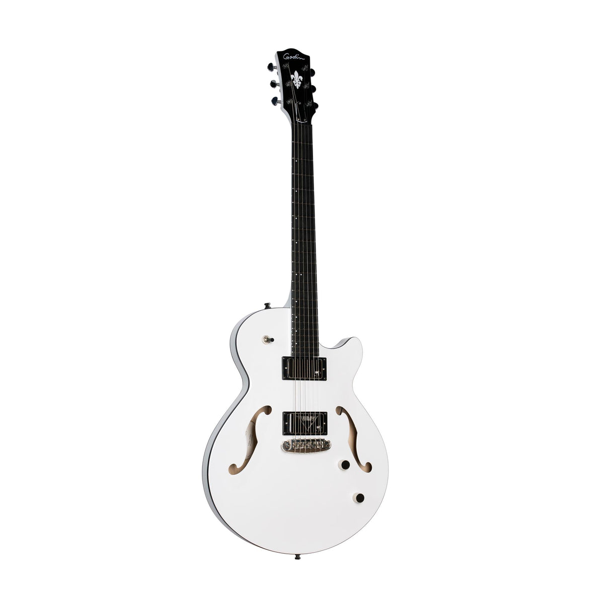 The Godin Rik Emmett Premiere Electric Guitar, a limited edition model from Godin, features a white semi-hollow body with black hardware, dual pickups, elegant f-holes, and a dark fretboard. Photographed against a white background, this signature instrument showcases exceptional design and craftsmanship.