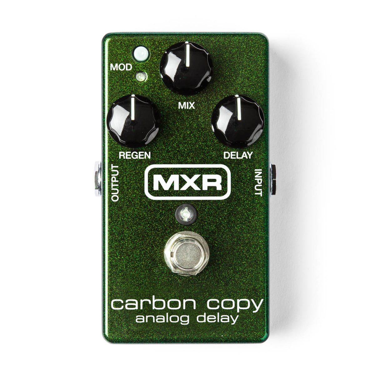 The MXR M169 Carbon Copy Analog Delay Pedal by MXR features a green enclosure with three black knobs—Mod, Mix, and Delay—a footswitch, and white text on the face, delivering classic bucket brigade warmth and rich echo tones.