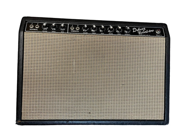 1965 Fender Deluxe Reverb AB763 by Fender, Pre-CBS Blackface Serial A 06439, features a black control panel, silver grille cloth, classic knobs, and labeled input jacks.