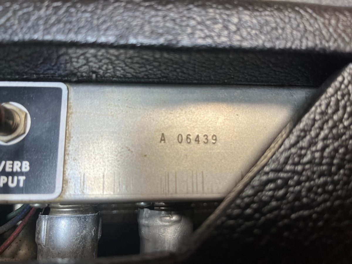 Close-up of the metal panel from a 1965 Fender Deluxe Reverb AB763 Pre-CBS Blackface amp, serial A 06439, showing the "REVERB INPUT" switch and wiring below.