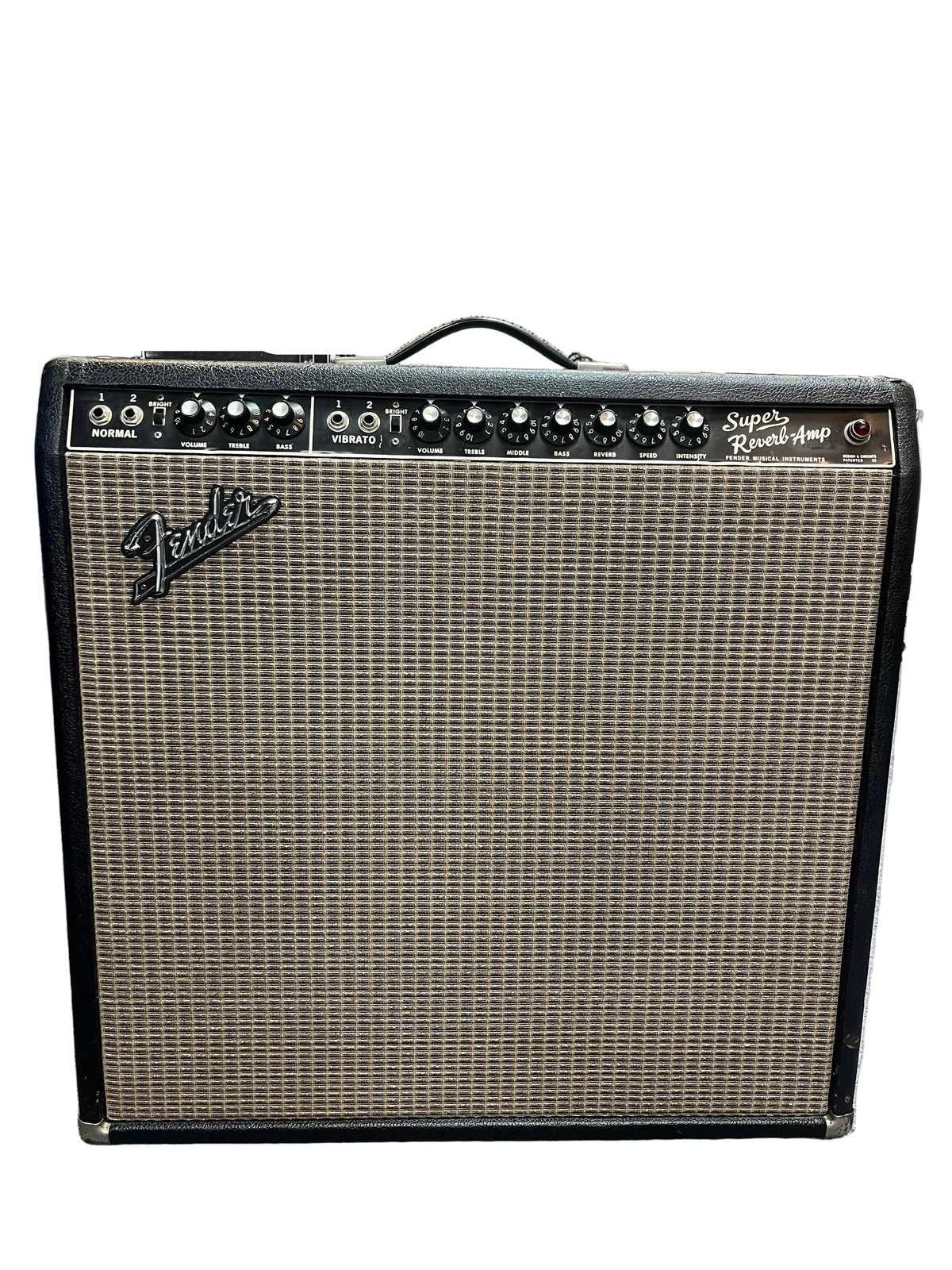 The 1965 Fender Super Reverb - Black Panel from Guitars on Main features control knobs, input jacks, and the classic Fender logo on a woven grille—signature elements of this iconic amp. Available for local pickup.