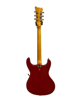 A 1967 Mosrite Mark I Vintage Guitar by Mosrite, photographed from the back to display its neck, tuning pegs, and glossy red body against a white background—a tribute to classic American guitar heritage.