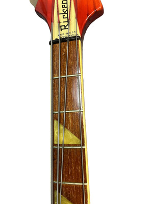 Close-up of the neck and headstock of a 1978 Rickenbacker 4001 Bass in Fireglo (Serial RL7346), showcasing strings, wood grain, and unique triangular inlays. Includes original hard shell case (OHSC).