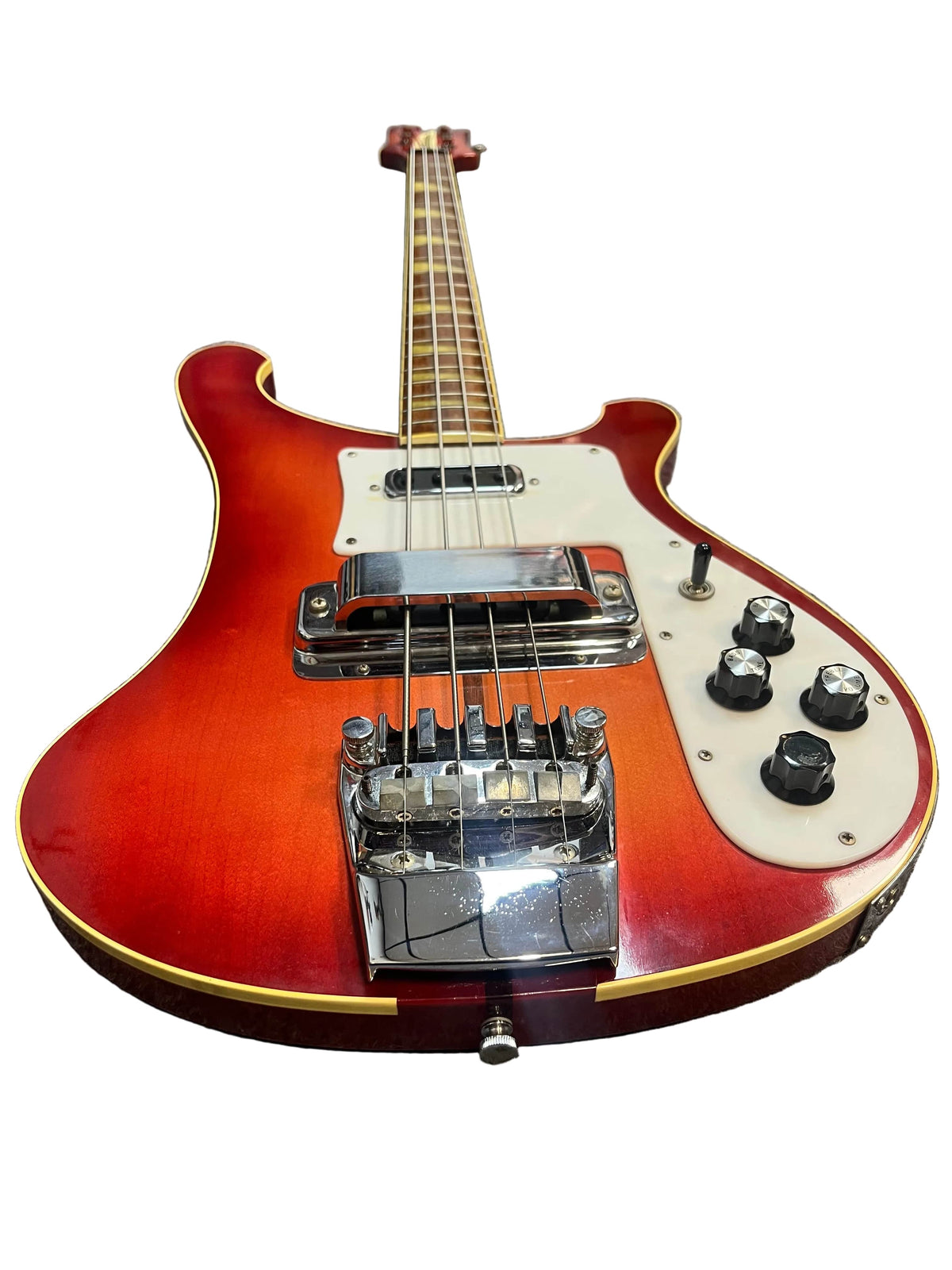 1978 Rickenbacker 4001 Bass — Fireglo (Serial RL7346) w/OHSC shown in signature Fireglo finish with chrome hardware, four control knobs, and a white pickguard—captured from a low front angle on a white background for a classic vintage look.