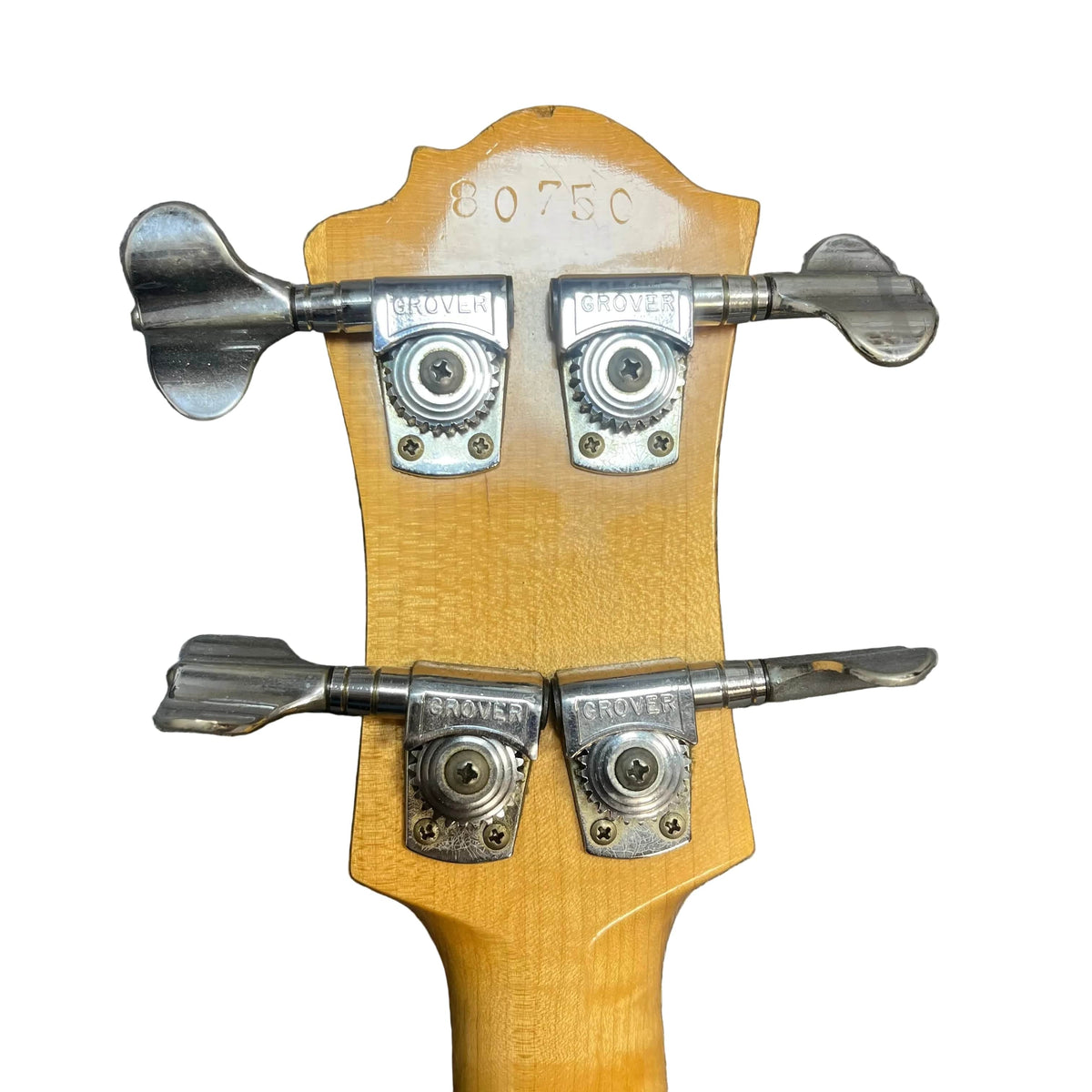 Back of a 1982 B.C. Rich Eagle Bass USA, featuring four Grover tuners and serial number 8075C engraved above them; original electronics and professionally set up.