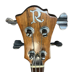 Close-up of the 1982 B.C. Rich Eagle Bass headstock, highlighting silver tuning pegs, neck-through construction, and the engraved "R" logo—USA made, with original electronics and professionally set up.
