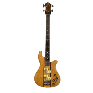 A 1982 B.C. Rich Eagle Bass, USA made with original electronics, neck-through construction, four strings, two pickups, and multiple control knobs is shown on a white background.