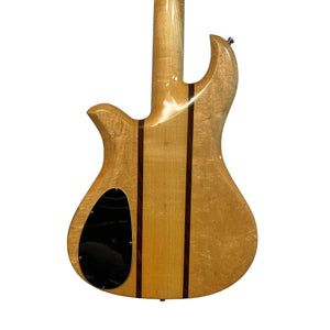 Rear view of a 1982 B.C. Rich Eagle Bass (USA made) featuring neck-through construction, dual dark center stripes, black electronics cover, original electronics, professionally set up—classic BC Rich Eagle style.