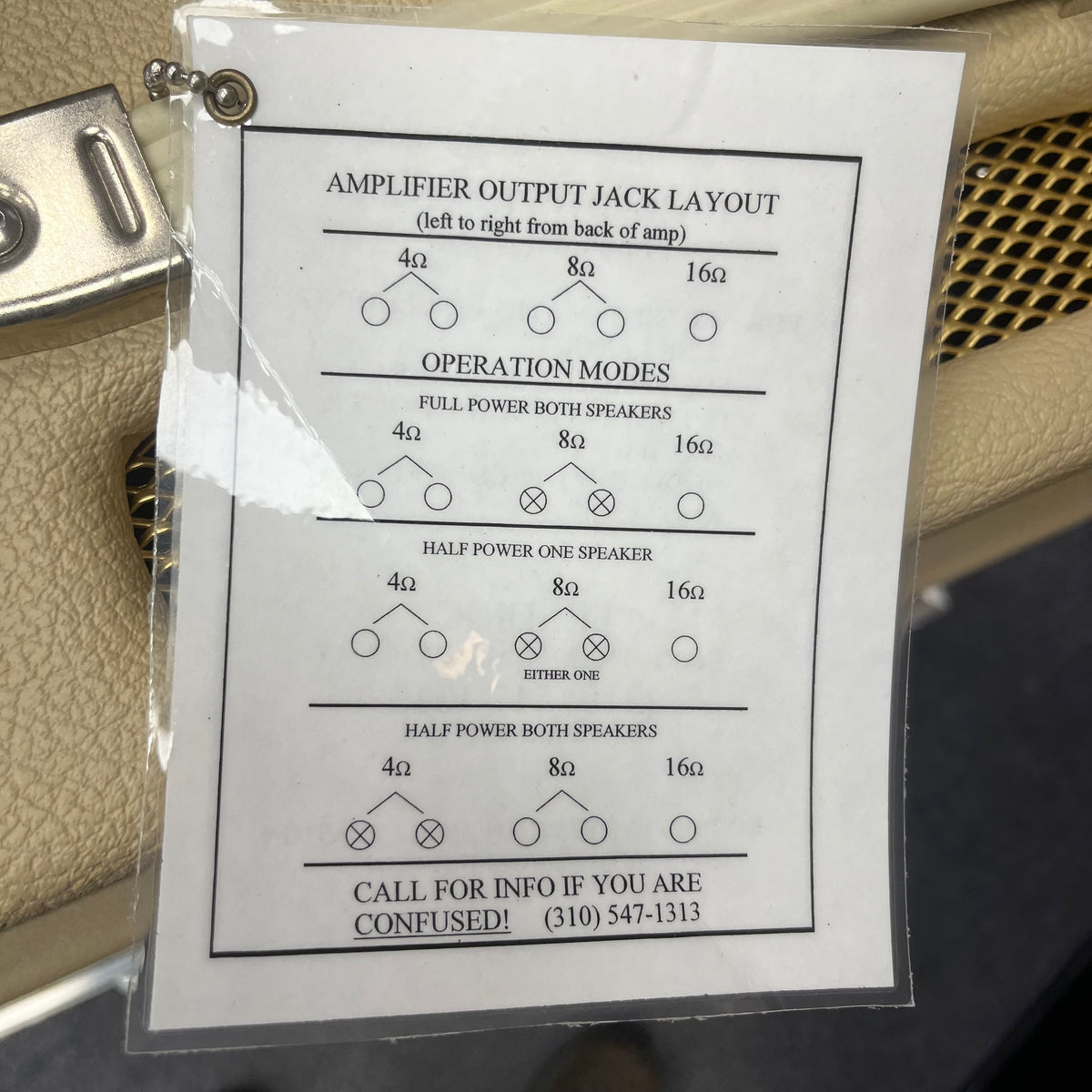 Diagram shows output jack layout and operation modes for connecting 4Ω, 8Ω, and 16Ω speakers—perfect for the Divided by 13 RSA 31 Head with matching 2x12 cabinet. Contact number for help is listed below.